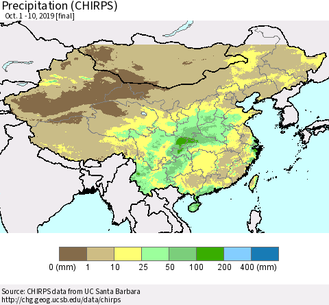 China and Taiwan Precipitation (CHIRPS) Thematic Map For 10/1/2019 - 10/10/2019