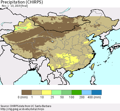 China and Taiwan Precipitation (CHIRPS) Thematic Map For 11/1/2019 - 11/10/2019