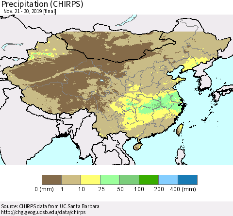China and Taiwan Precipitation (CHIRPS) Thematic Map For 11/21/2019 - 11/30/2019