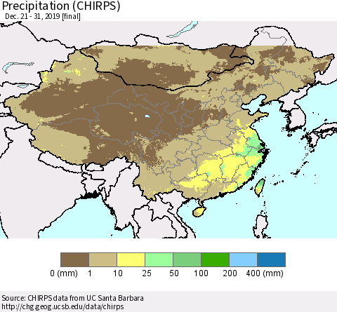 China and Taiwan Precipitation (CHIRPS) Thematic Map For 12/21/2019 - 12/31/2019