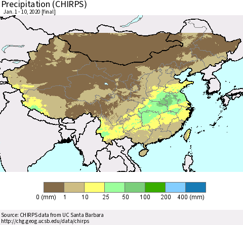 China and Taiwan Precipitation (CHIRPS) Thematic Map For 1/1/2020 - 1/10/2020