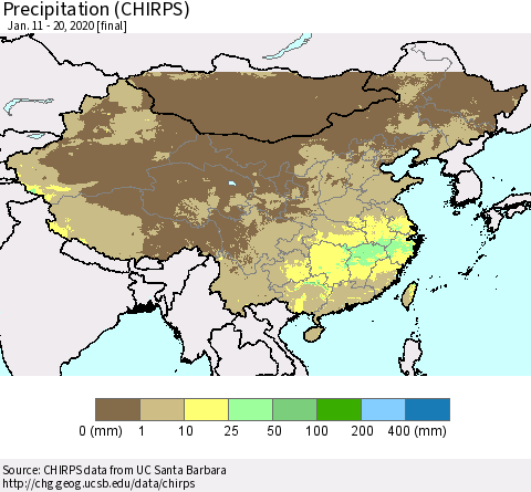 China and Taiwan Precipitation (CHIRPS) Thematic Map For 1/11/2020 - 1/20/2020
