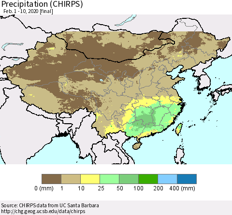 China, Mongolia and Taiwan Precipitation (CHIRPS) Thematic Map For 2/1/2020 - 2/10/2020