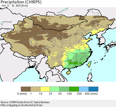 China, Mongolia and Taiwan Precipitation (CHIRPS) Thematic Map For 2/11/2020 - 2/20/2020