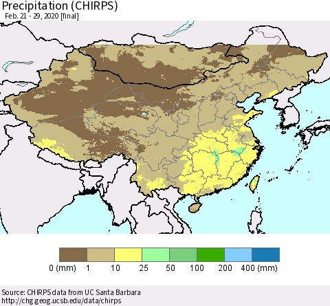 China and Taiwan Precipitation (CHIRPS) Thematic Map For 2/21/2020 - 2/29/2020