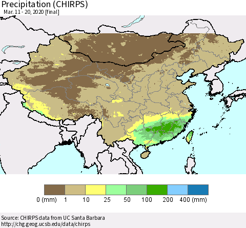 China, Mongolia and Taiwan Precipitation (CHIRPS) Thematic Map For 3/11/2020 - 3/20/2020