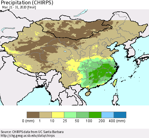 China and Taiwan Precipitation (CHIRPS) Thematic Map For 3/21/2020 - 3/31/2020