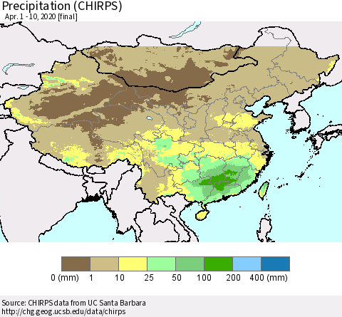 China and Taiwan Precipitation (CHIRPS) Thematic Map For 4/1/2020 - 4/10/2020