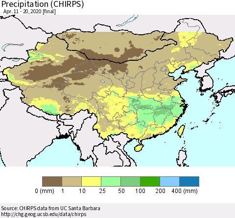 China and Taiwan Precipitation (CHIRPS) Thematic Map For 4/11/2020 - 4/20/2020