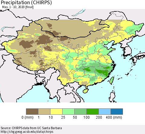 China, Mongolia and Taiwan Precipitation (CHIRPS) Thematic Map For 5/1/2020 - 5/10/2020