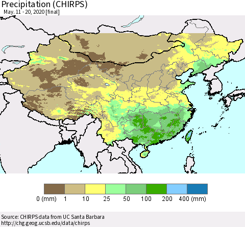 China and Taiwan Precipitation (CHIRPS) Thematic Map For 5/11/2020 - 5/20/2020