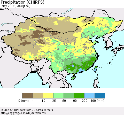 China, Mongolia and Taiwan Precipitation (CHIRPS) Thematic Map For 5/21/2020 - 5/31/2020