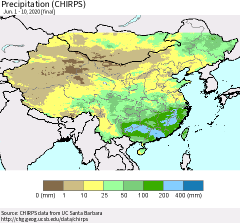 China, Mongolia and Taiwan Precipitation (CHIRPS) Thematic Map For 6/1/2020 - 6/10/2020
