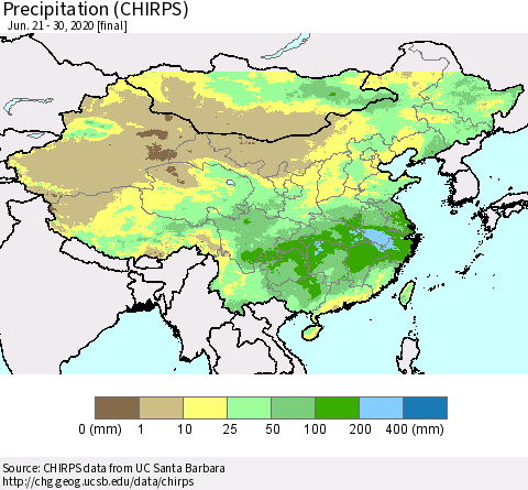 China and Taiwan Precipitation (CHIRPS) Thematic Map For 6/21/2020 - 6/30/2020
