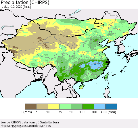 China and Taiwan Precipitation (CHIRPS) Thematic Map For 7/1/2020 - 7/10/2020