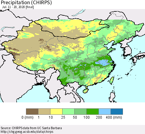 China and Taiwan Precipitation (CHIRPS) Thematic Map For 7/11/2020 - 7/20/2020