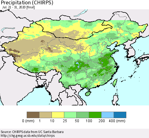 China, Mongolia and Taiwan Precipitation (CHIRPS) Thematic Map For 7/21/2020 - 7/31/2020