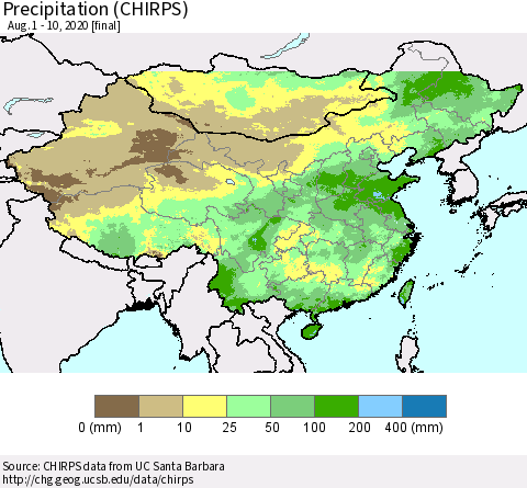 China and Taiwan Precipitation (CHIRPS) Thematic Map For 8/1/2020 - 8/10/2020