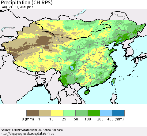 China, Mongolia and Taiwan Precipitation (CHIRPS) Thematic Map For 8/21/2020 - 8/31/2020
