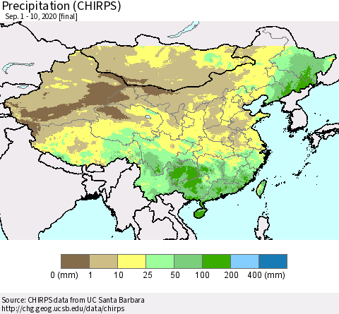 China and Taiwan Precipitation (CHIRPS) Thematic Map For 9/1/2020 - 9/10/2020
