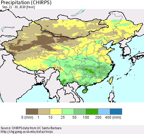 China and Taiwan Precipitation (CHIRPS) Thematic Map For 9/21/2020 - 9/30/2020