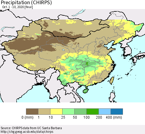 China and Taiwan Precipitation (CHIRPS) Thematic Map For 10/1/2020 - 10/10/2020