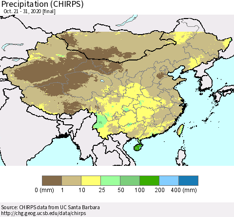 China and Taiwan Precipitation (CHIRPS) Thematic Map For 10/21/2020 - 10/31/2020