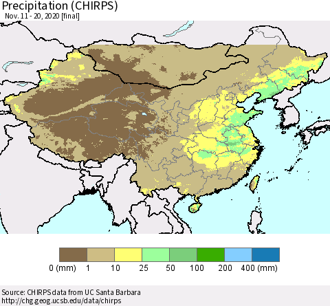 China, Mongolia and Taiwan Precipitation (CHIRPS) Thematic Map For 11/11/2020 - 11/20/2020