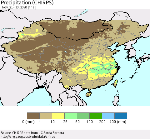 China and Taiwan Precipitation (CHIRPS) Thematic Map For 11/21/2020 - 11/30/2020