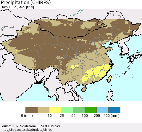 China and Taiwan Precipitation (CHIRPS) Thematic Map For 12/11/2020 - 12/20/2020
