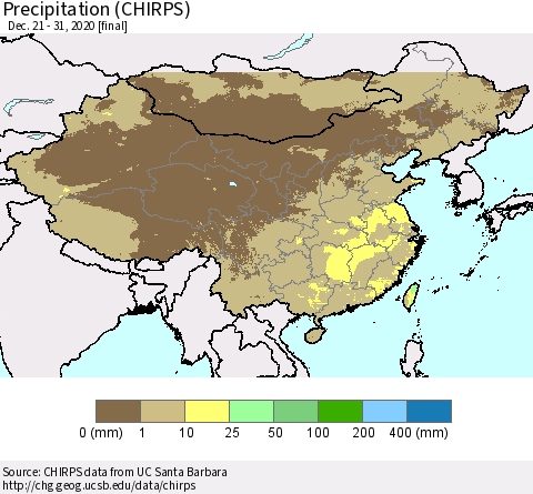 China and Taiwan Precipitation (CHIRPS) Thematic Map For 12/21/2020 - 12/31/2020
