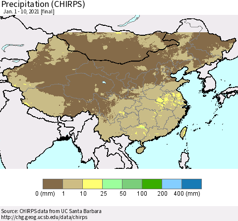 China, Mongolia and Taiwan Precipitation (CHIRPS) Thematic Map For 1/1/2021 - 1/10/2021