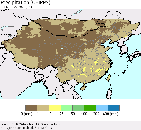 China, Mongolia and Taiwan Precipitation (CHIRPS) Thematic Map For 1/11/2021 - 1/20/2021