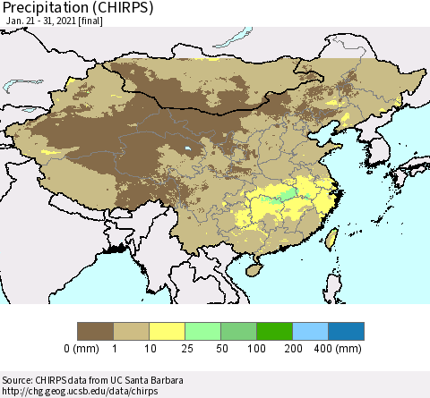 China and Taiwan Precipitation (CHIRPS) Thematic Map For 1/21/2021 - 1/31/2021