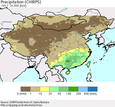 China, Mongolia and Taiwan Precipitation (CHIRPS) Thematic Map For 2/1/2021 - 2/10/2021