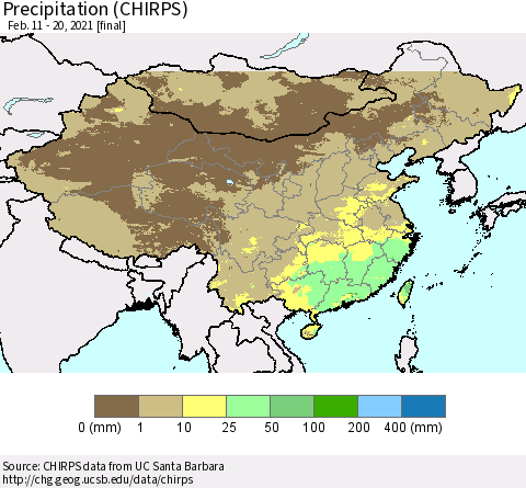 China, Mongolia and Taiwan Precipitation (CHIRPS) Thematic Map For 2/11/2021 - 2/20/2021
