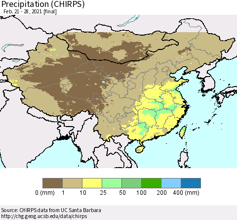 China, Mongolia and Taiwan Precipitation (CHIRPS) Thematic Map For 2/21/2021 - 2/28/2021