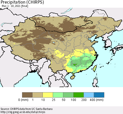 China and Taiwan Precipitation (CHIRPS) Thematic Map For 3/1/2021 - 3/10/2021