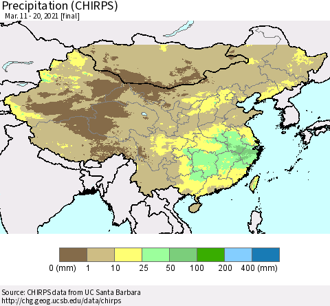 China and Taiwan Precipitation (CHIRPS) Thematic Map For 3/11/2021 - 3/20/2021
