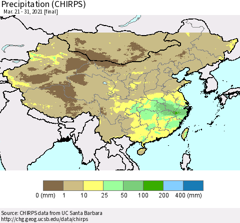 China and Taiwan Precipitation (CHIRPS) Thematic Map For 3/21/2021 - 3/31/2021