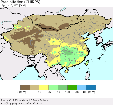 China and Taiwan Precipitation (CHIRPS) Thematic Map For 4/1/2021 - 4/10/2021