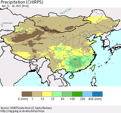 China, Mongolia and Taiwan Precipitation (CHIRPS) Thematic Map For 4/11/2021 - 4/20/2021