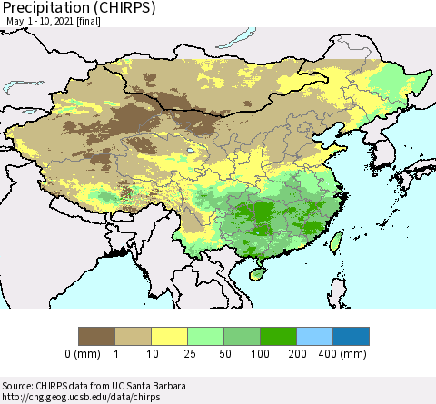 China and Taiwan Precipitation (CHIRPS) Thematic Map For 5/1/2021 - 5/10/2021