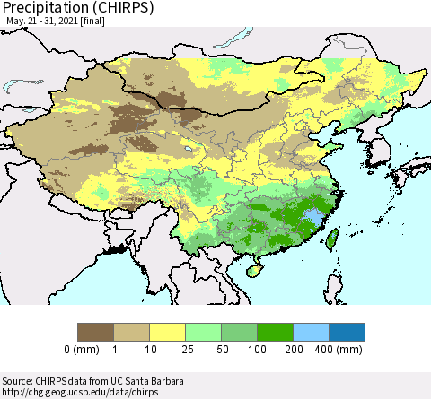 China and Taiwan Precipitation (CHIRPS) Thematic Map For 5/21/2021 - 5/31/2021