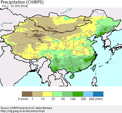 China and Taiwan Precipitation (CHIRPS) Thematic Map For 6/1/2021 - 6/10/2021