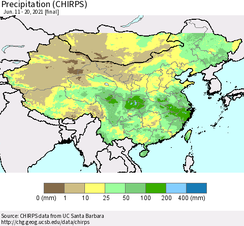 China and Taiwan Precipitation (CHIRPS) Thematic Map For 6/11/2021 - 6/20/2021