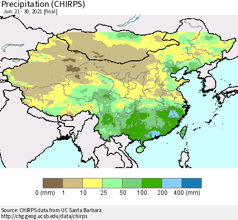 China and Taiwan Precipitation (CHIRPS) Thematic Map For 6/21/2021 - 6/30/2021