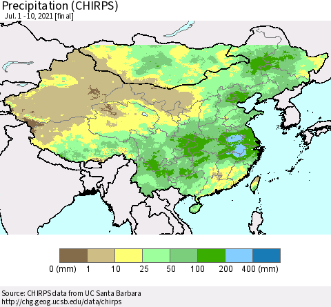 China and Taiwan Precipitation (CHIRPS) Thematic Map For 7/1/2021 - 7/10/2021