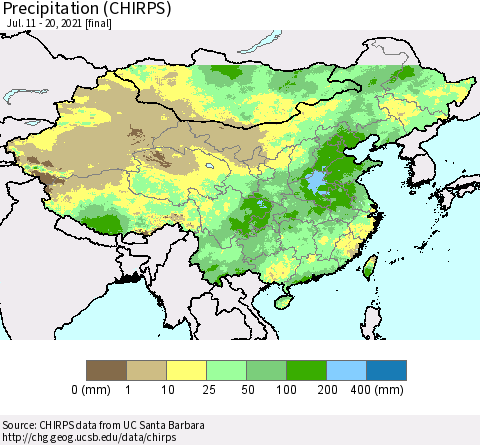 China and Taiwan Precipitation (CHIRPS) Thematic Map For 7/11/2021 - 7/20/2021