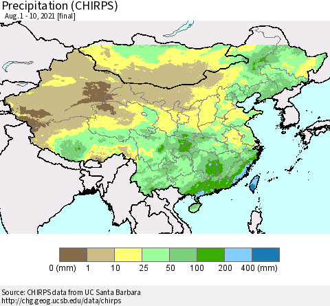 China and Taiwan Precipitation (CHIRPS) Thematic Map For 8/1/2021 - 8/10/2021